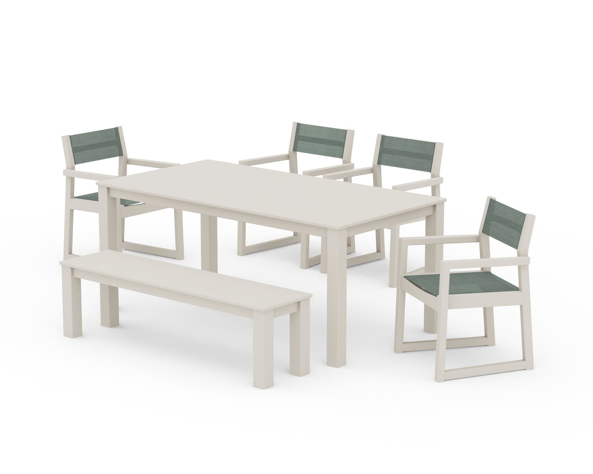 POLYWOOD EDGE Sling Arm Chair 6-Piece Parsons Dining Set with Bench in Sand / Dupioni Sea Mist