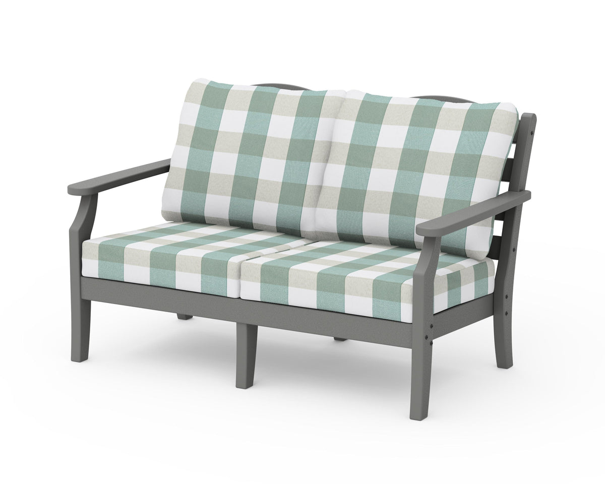 POLYWOOD Savannah Deep Seating Loveseat in Slate Grey / Buffalo Plaid Glacier Spa