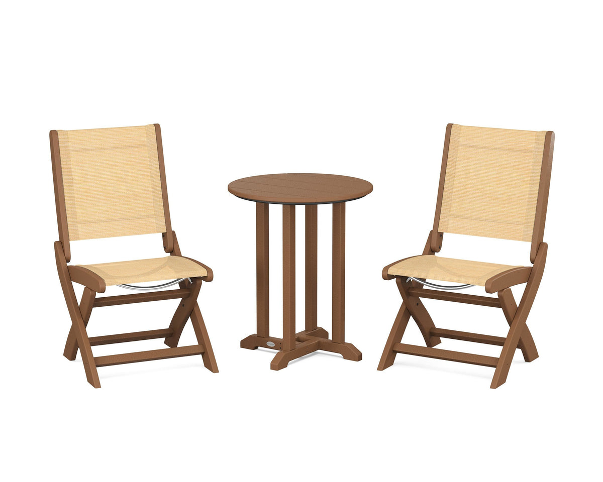 POLYWOOD Coastal Folding Side Chair 3-Piece Round Bistro Dining Set in Teak / Dupioni Apricot