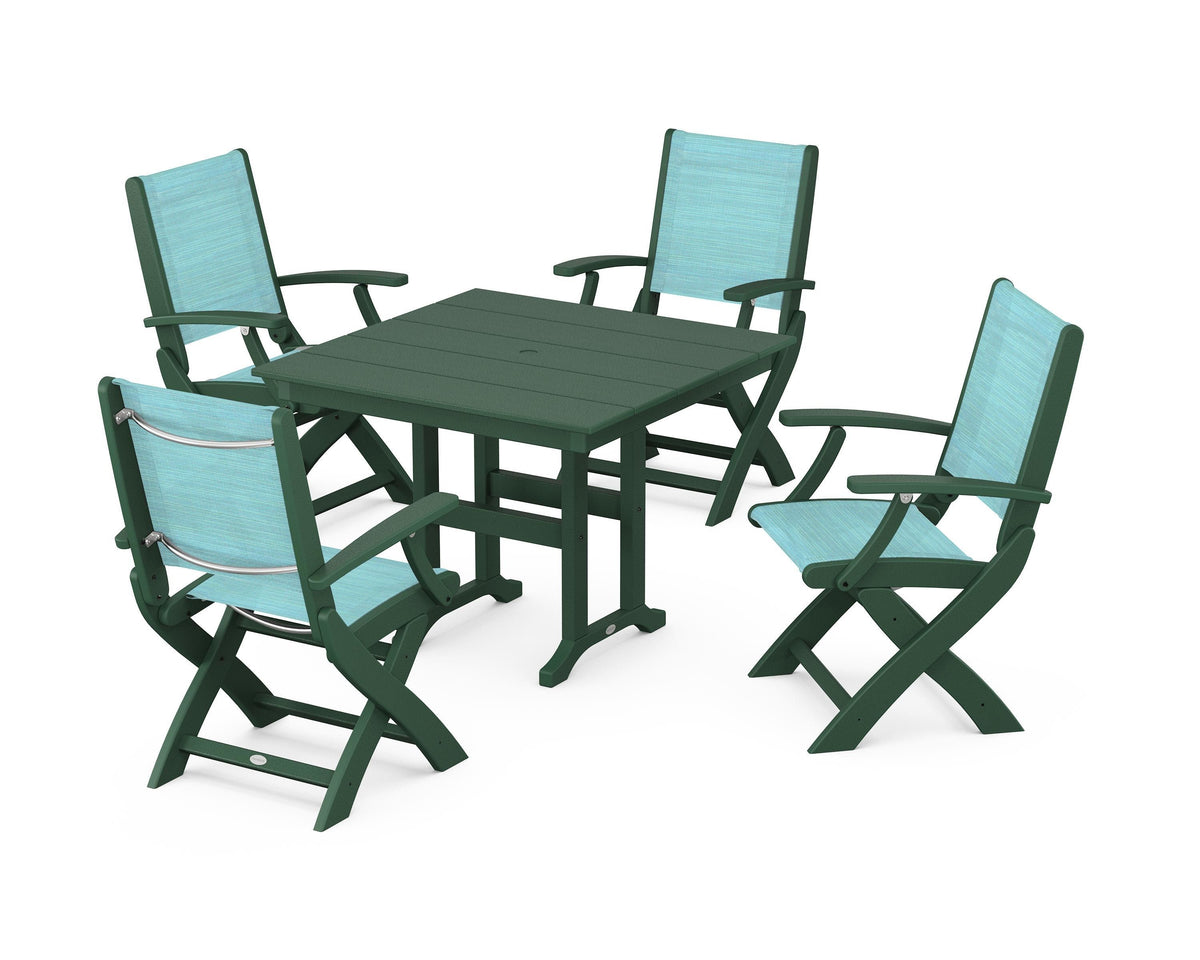 POLYWOOD Coastal Folding Chair 5-Piece Farmhouse Dining Set in Green / Dupioni Aquamarine