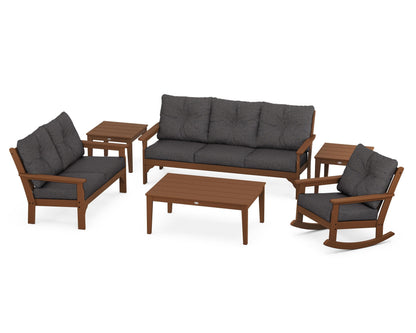 POLYWOOD Vineyard 6-Piece Deep Seating Set with Rocking Chair in Teak / Ash Charcoal