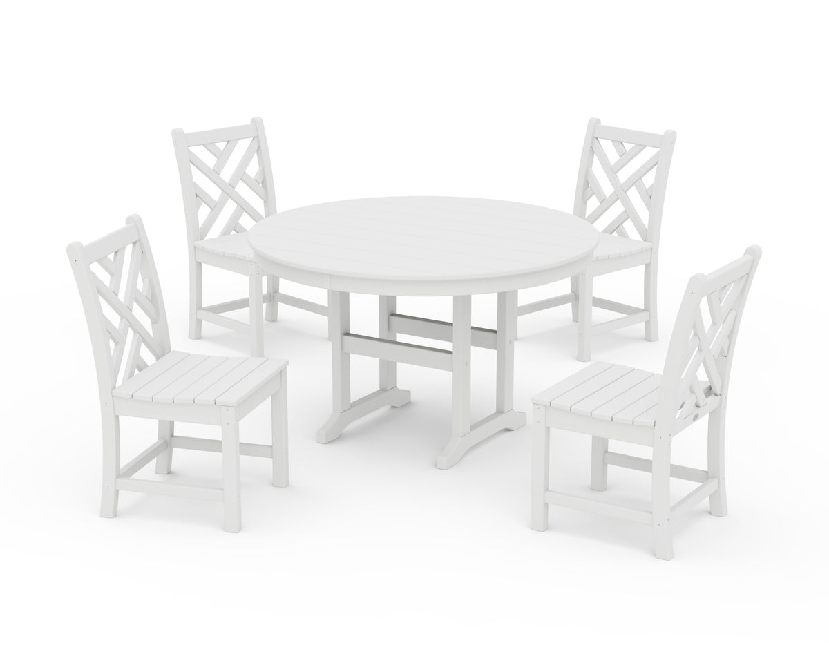 POLYWOOD Chippendale 5-Piece Round Farmhouse Side Chair Dining Set in White