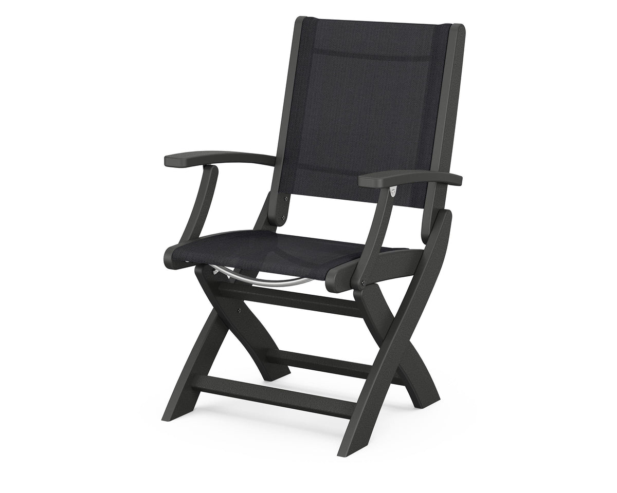 POLYWOOD Coastal Folding Chair in Black with Black arms and Black sling
