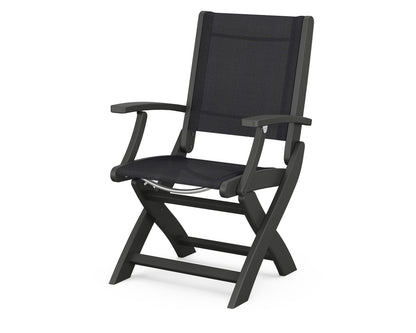 POLYWOOD Coastal Folding Chair in Black with Black arms and Black sling