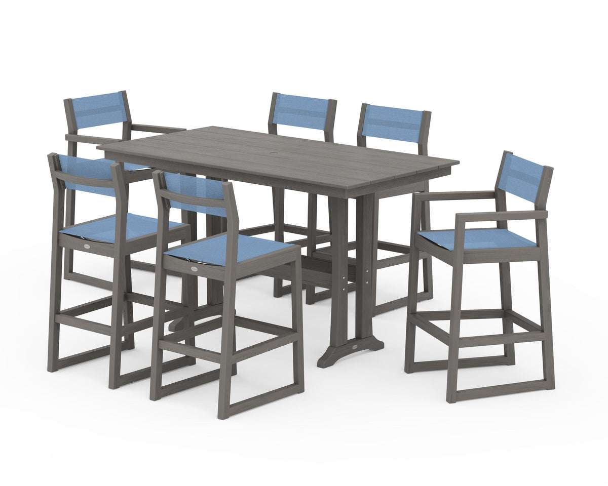 POLYWOOD EDGE Sling 7-Piece Farmhouse Bar Set with Trestle Legs in Driftwood / Poolside