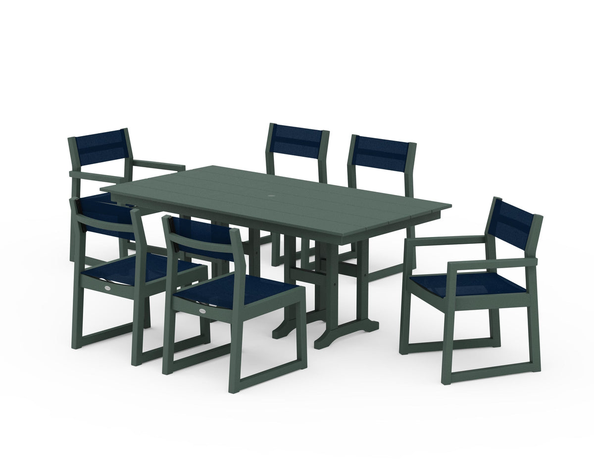 POLYWOOD EDGE Sling 7-Piece Farmhouse Dining Set in Green / Navy Blue
