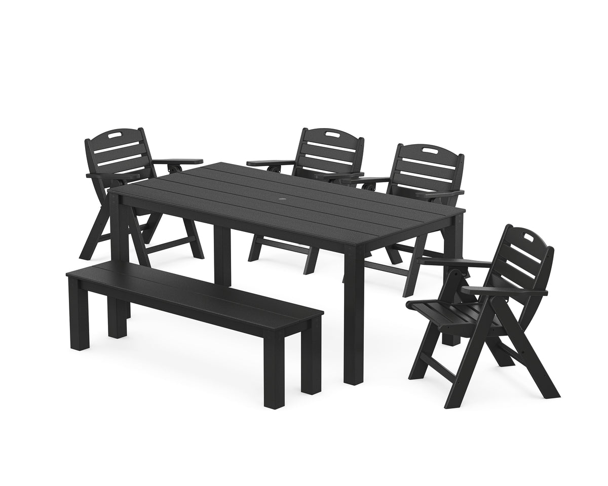 POLYWOOD Nautical Folding Lowback Chair 6-Piece Parsons Dining Set with Bench in Black