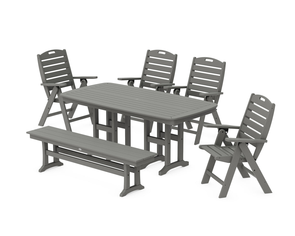 POLYWOOD Nautical Highback 6-Piece Dining Set with Bench in Slate Grey