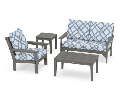 POLYWOOD Vineyard 4-Piece Deep Seating Set with 36" Coffee Table in Slate Grey / Trellis Sky Blue