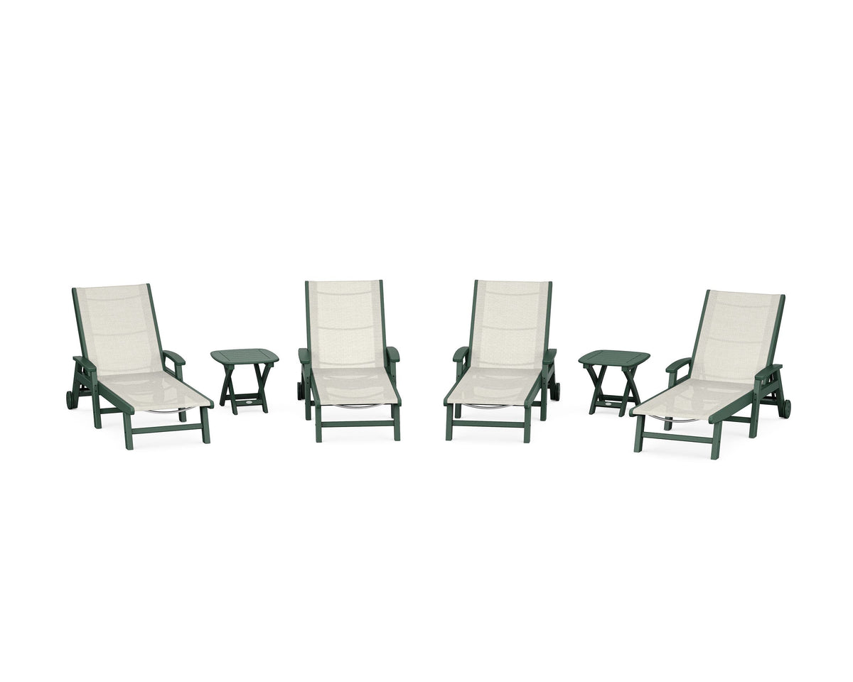POLYWOOD Coastal Chaise 6-Piece Set with Wheels in Green / Parchment