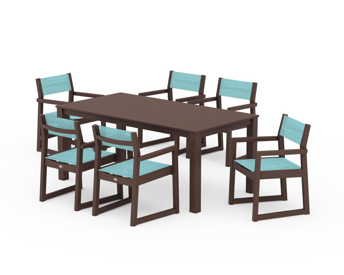 POLYWOOD EDGE Sling Arm Chair 7-Piece Parsons Dining Set in Mahogany / Dupioni Aquamarine