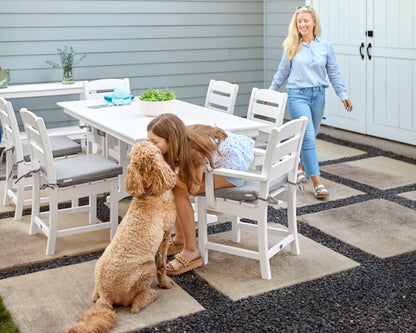 Lifestyle photo of the POLYWOOD Lakeside 7-Piece Farmhouse Dining Set in White