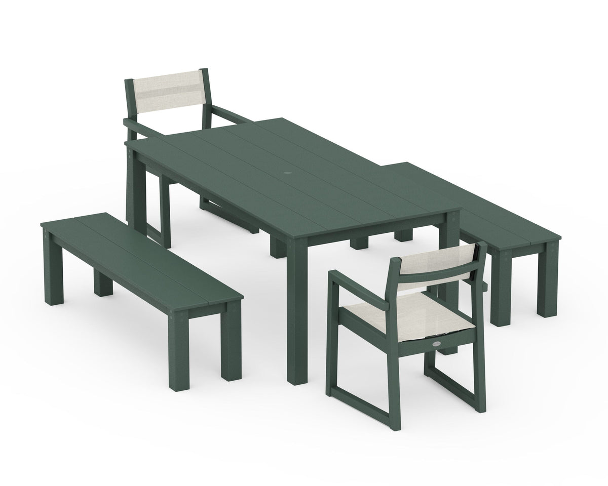 POLYWOOD EDGE Sling Arm Chair 5-Piece Parsons Dining Set with Benches in Green / Parchment