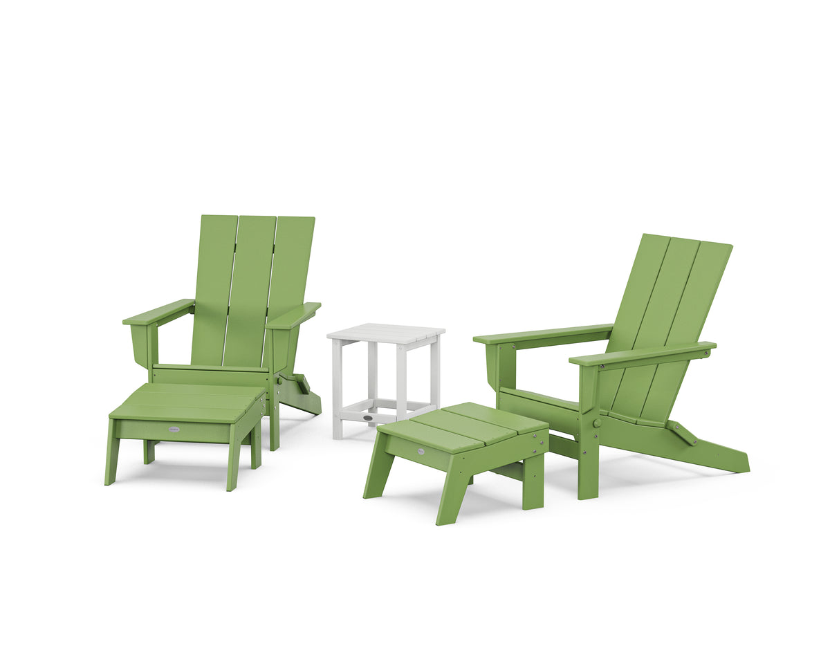 POLYWOOD 5-Piece Modern Studio Folding Adirondack Set with Ottomans and Side Table in Lime / White