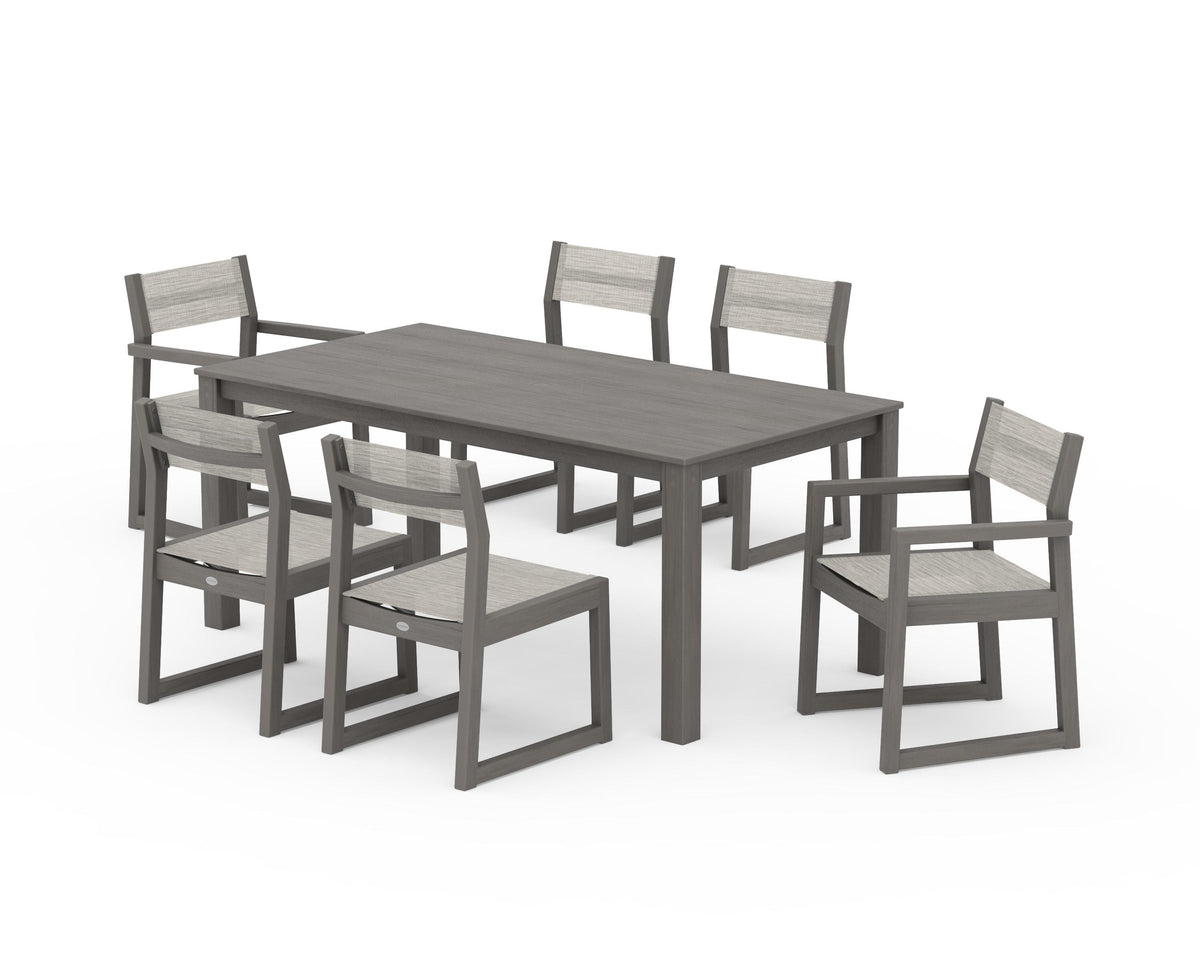 POLYWOOD EDGE Sling 7-Piece Parsons Dining Set in Driftwood / Birch