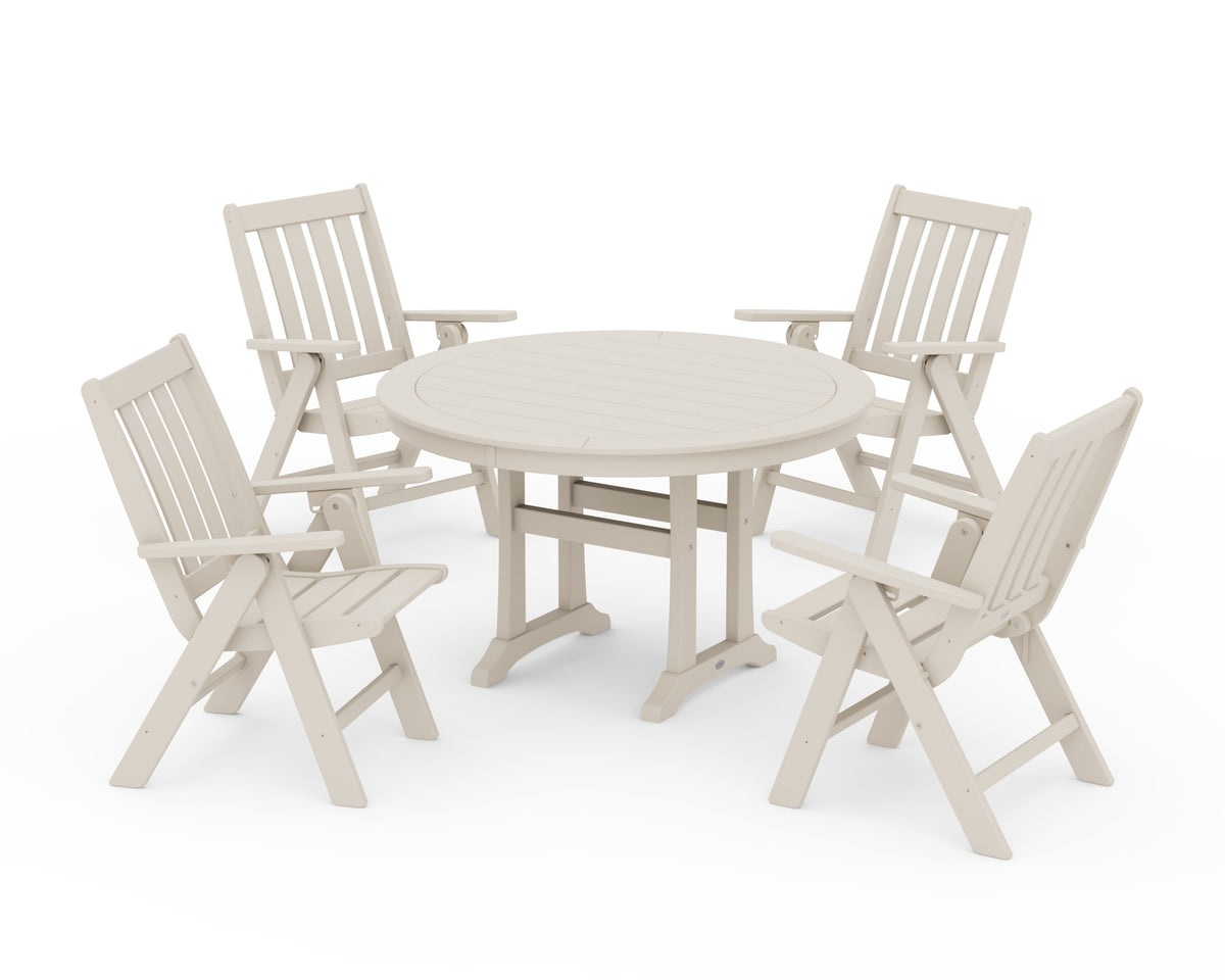 POLYWOOD Vineyard Folding Chair 5-Piece Round Dining Set with Trestle Legs in Sand
