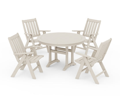 POLYWOOD Vineyard Folding Chair 5-Piece Round Dining Set with Trestle Legs in Sand