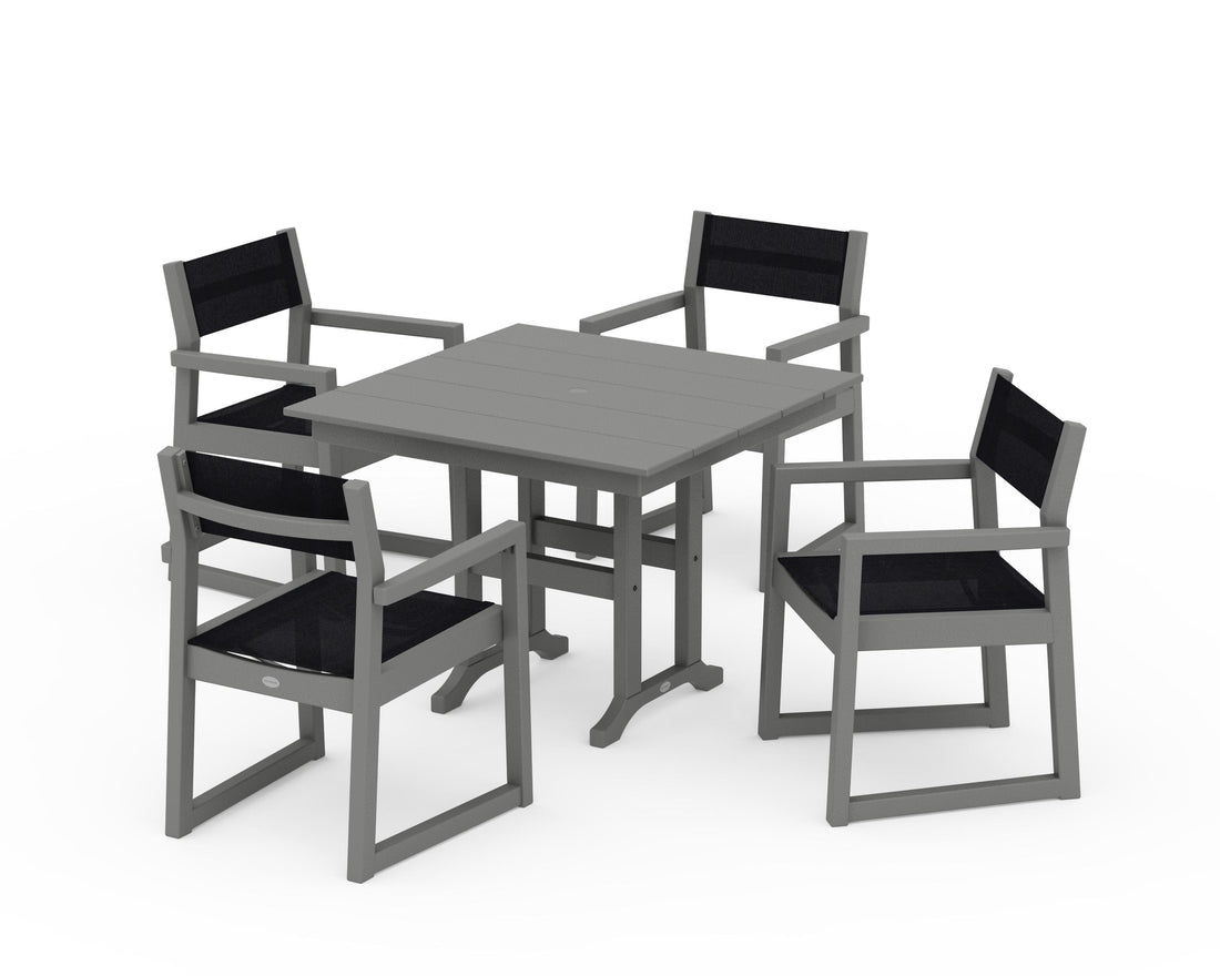 POLYWOOD EDGE Sling Arm Chair 5-Piece Farmhouse Dining Set in Slate Grey / Black