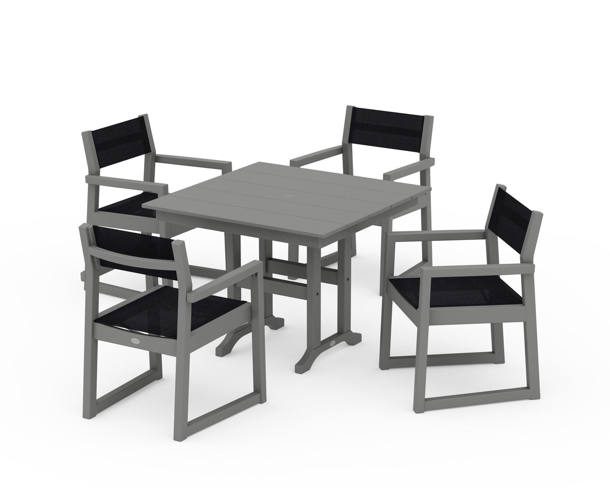 POLYWOOD EDGE Sling Arm Chair 5-Piece Farmhouse Dining Set in Slate Grey / Black
