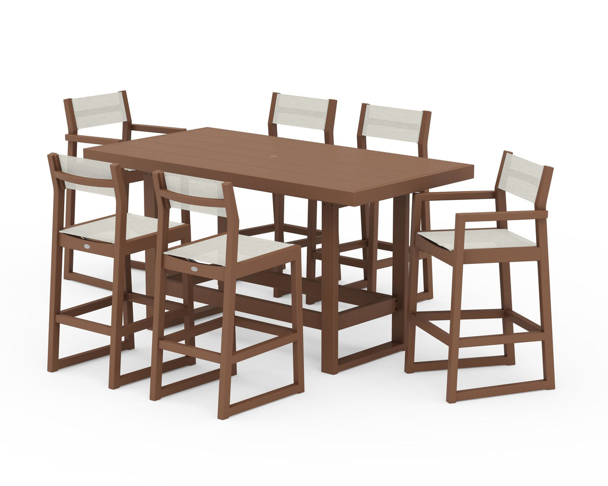 POLYWOOD EDGE Sling 7-Piece Bar Table Set in Teak / Parchment