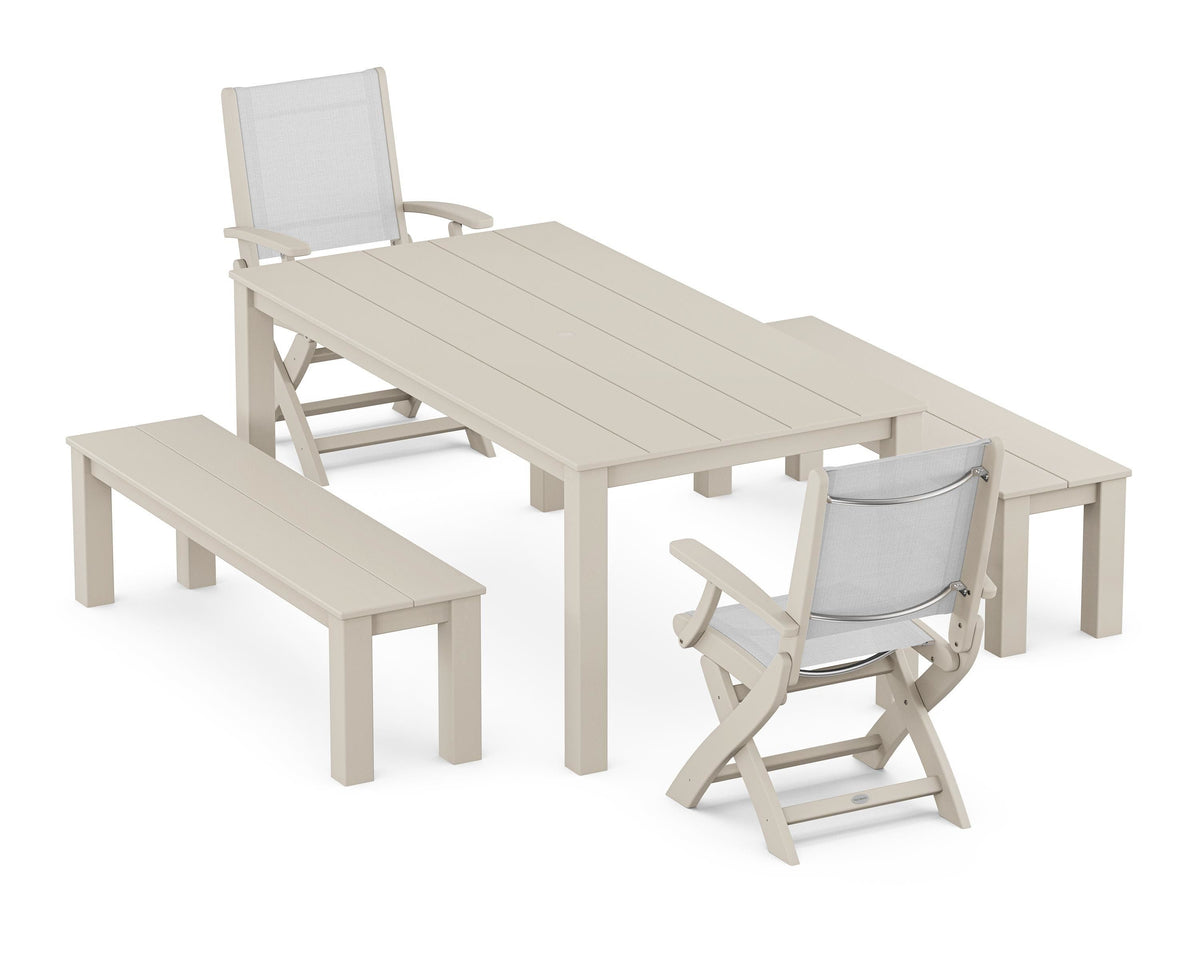 POLYWOOD Coastal Folding Chair 5-Piece Parsons Dining Set with Benches in Sand / White