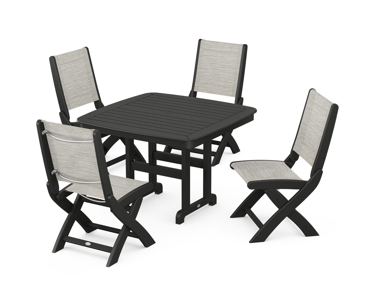 POLYWOOD Coastal Folding Side Chair 5-Piece Dining Set with Nautical 44" Dining Table in Black / Birch