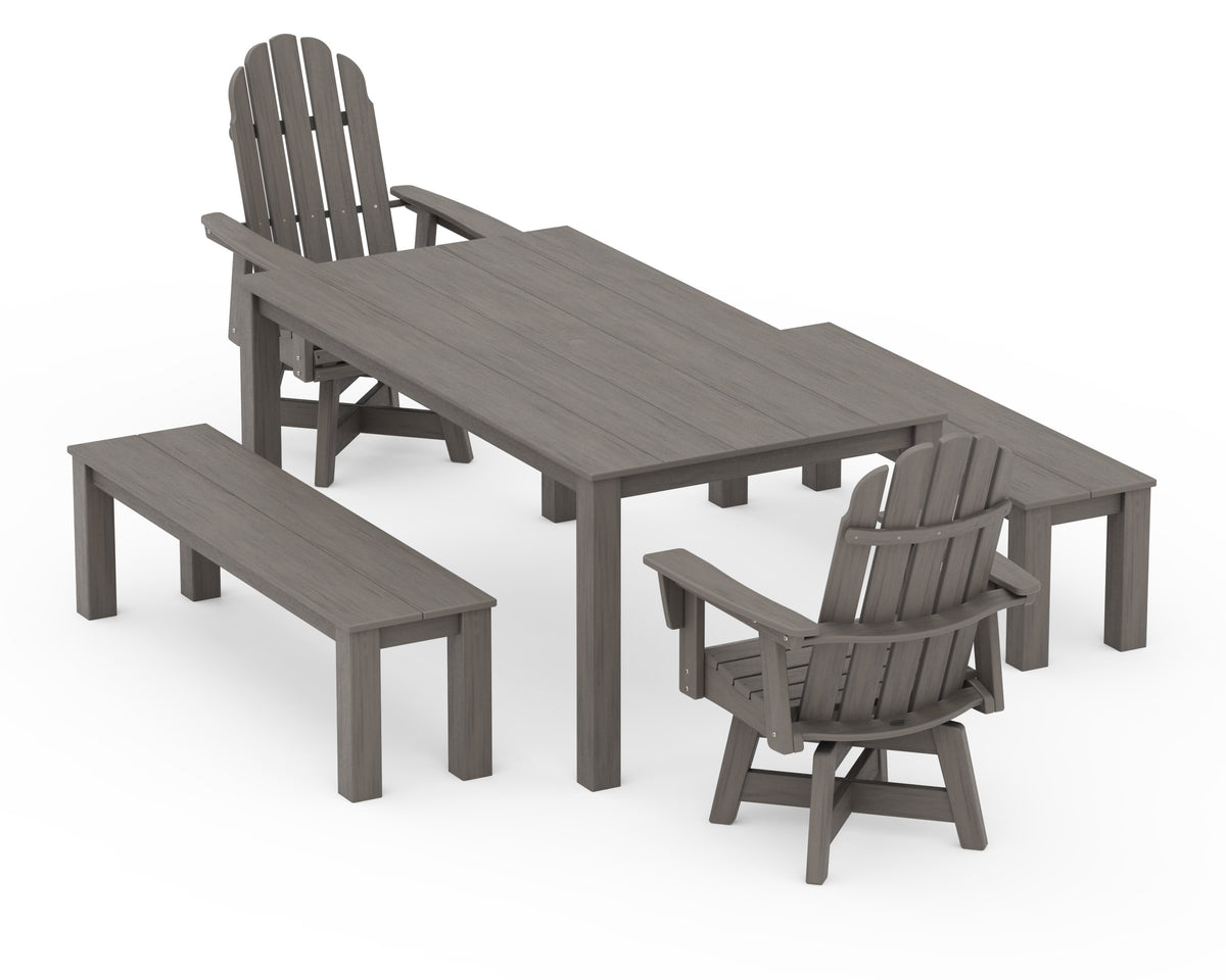POLYWOOD Vineyard Curveback Adirondack 5-Piece Parsons Swivel Dining Set with Benches in Driftwood