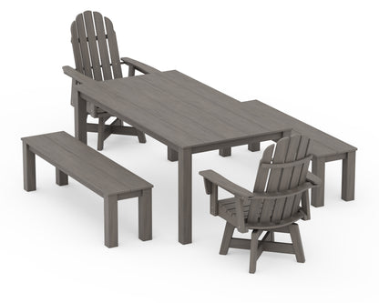 POLYWOOD Vineyard Curveback Adirondack 5-Piece Parsons Swivel Dining Set with Benches in Driftwood