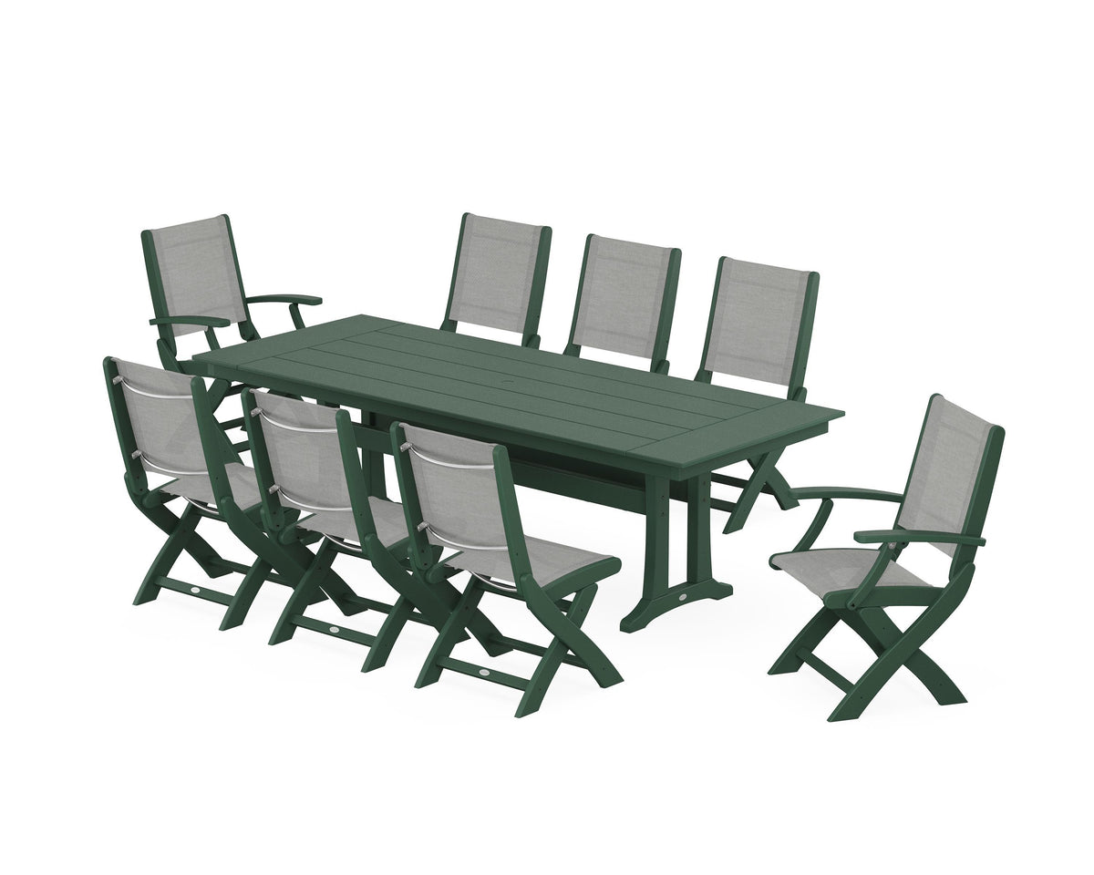 POLYWOOD Coastal 9-Piece Folding Dining Chair Farmhouse Dining Set with Trestle Legs in Green / Metallic