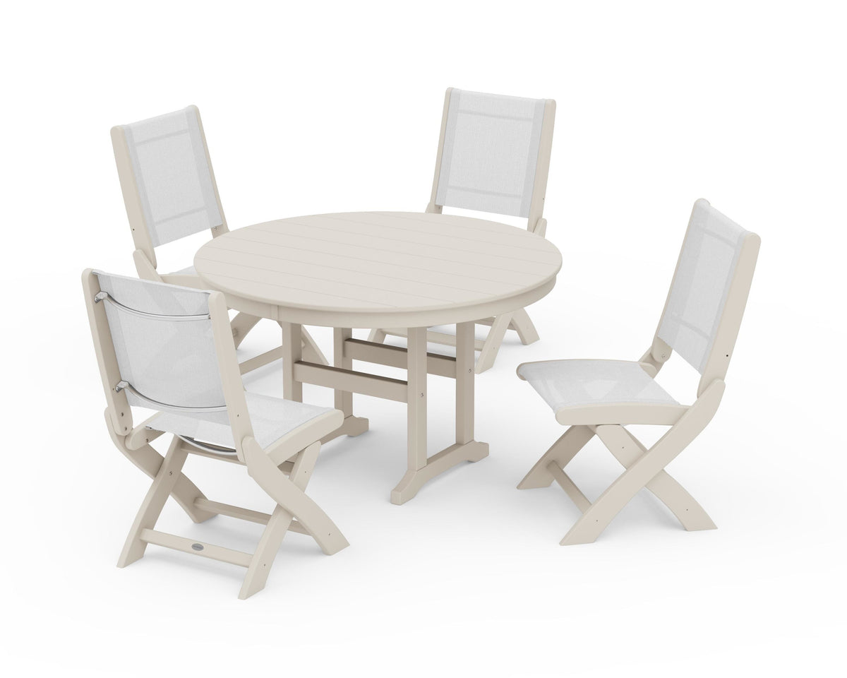 POLYWOOD Coastal Folding Side Chair 5-Piece Round Dining Set in Sand / White