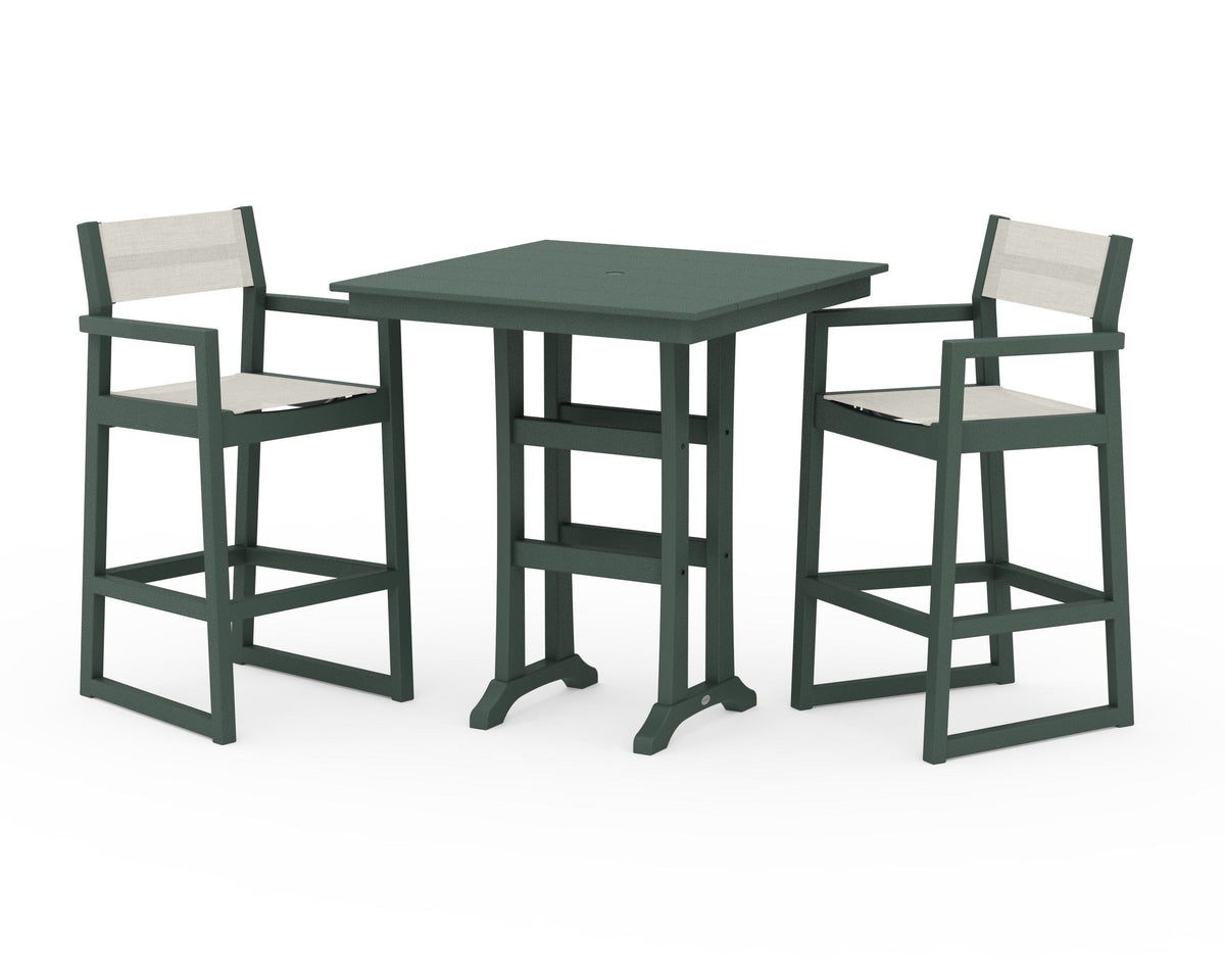 POLYWOOD EDGE Sling Arm Chair 3-Piece Farmhouse Bar Set with Trestle Legs in Green / Parchment