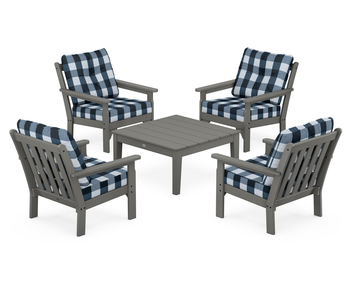 POLYWOOD Vineyard 5-Piece Deep Seating Conversation Set in Slate Grey / Buffalo Plaid Marine Indigo