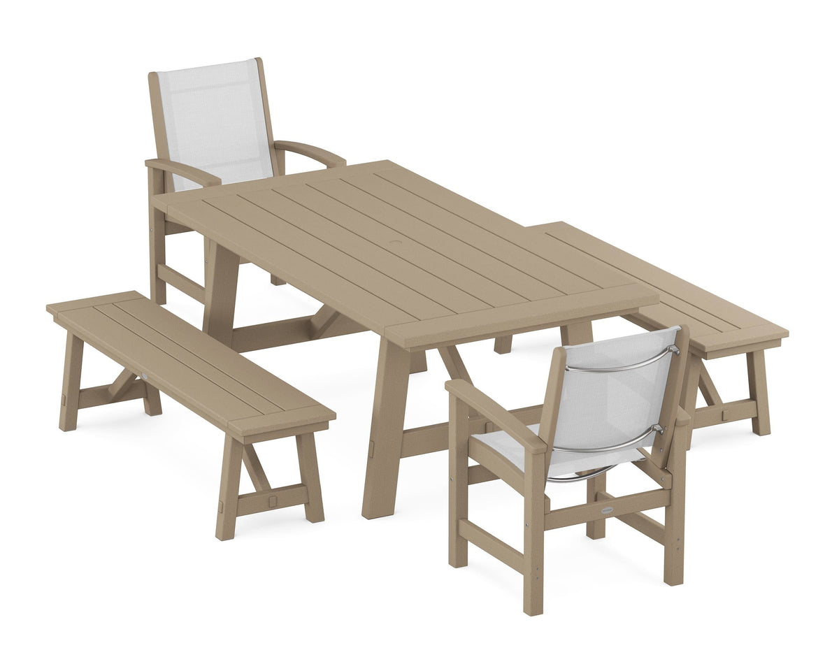 POLYWOOD Coastal 5-Piece Rustic Farmhouse Dining Set With Benches in Vintage Sahara / White