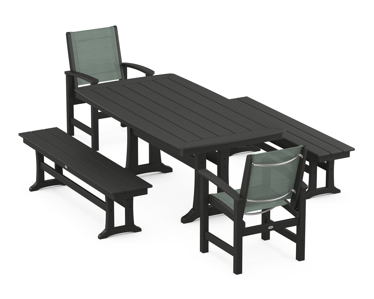 POLYWOOD Coastal 5-Piece Dining Set with Trestle Legs and Benches in Black / Dupioni Sea Mist