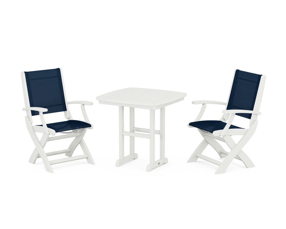 POLYWOOD Coastal Folding Chair 3-Piece Dining Set in Vintage White / Navy Blue