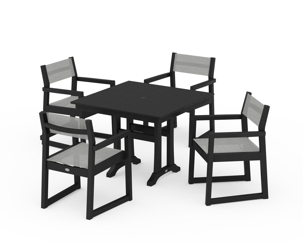 POLYWOOD EDGE Sling 5-Piece Farmhouse Dining Set with Trestle Legs in Black / Metallic