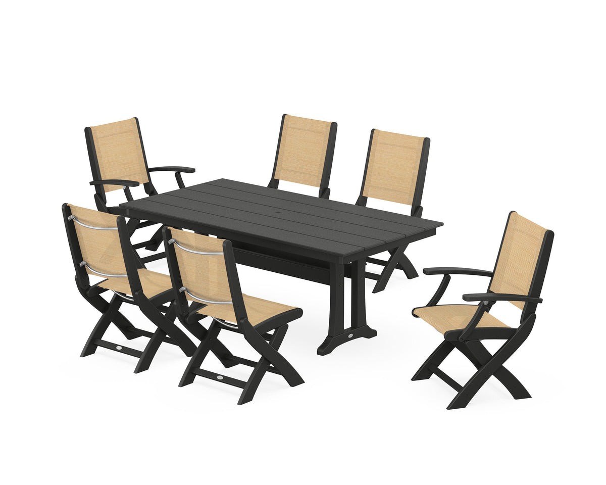 POLYWOOD Coastal Folding Chair 7-Piece Farmhouse Dining Set with Trestle Legs in Black / Dupioni Apricot