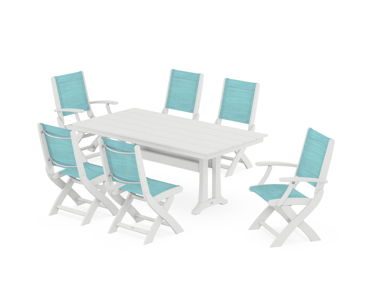 POLYWOOD Coastal Folding Chair 7-Piece Farmhouse Dining Set with Trestle Legs in White / Dupioni Aquamarine