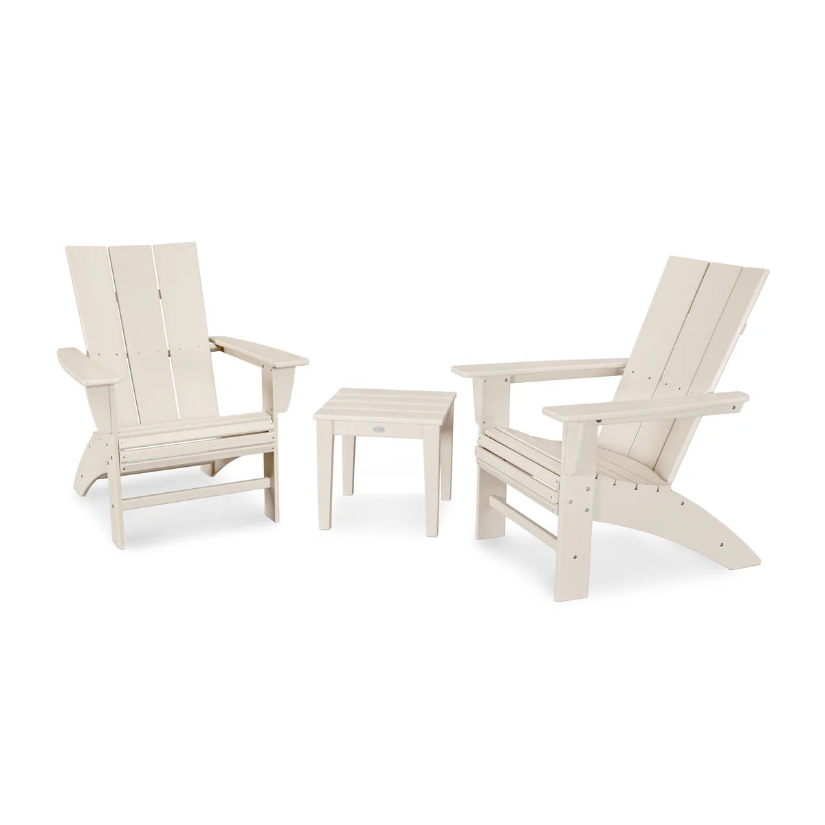 Two Adirondack chairs and a small table on a white background