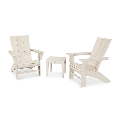 Two Adirondack chairs and a small table on a white background