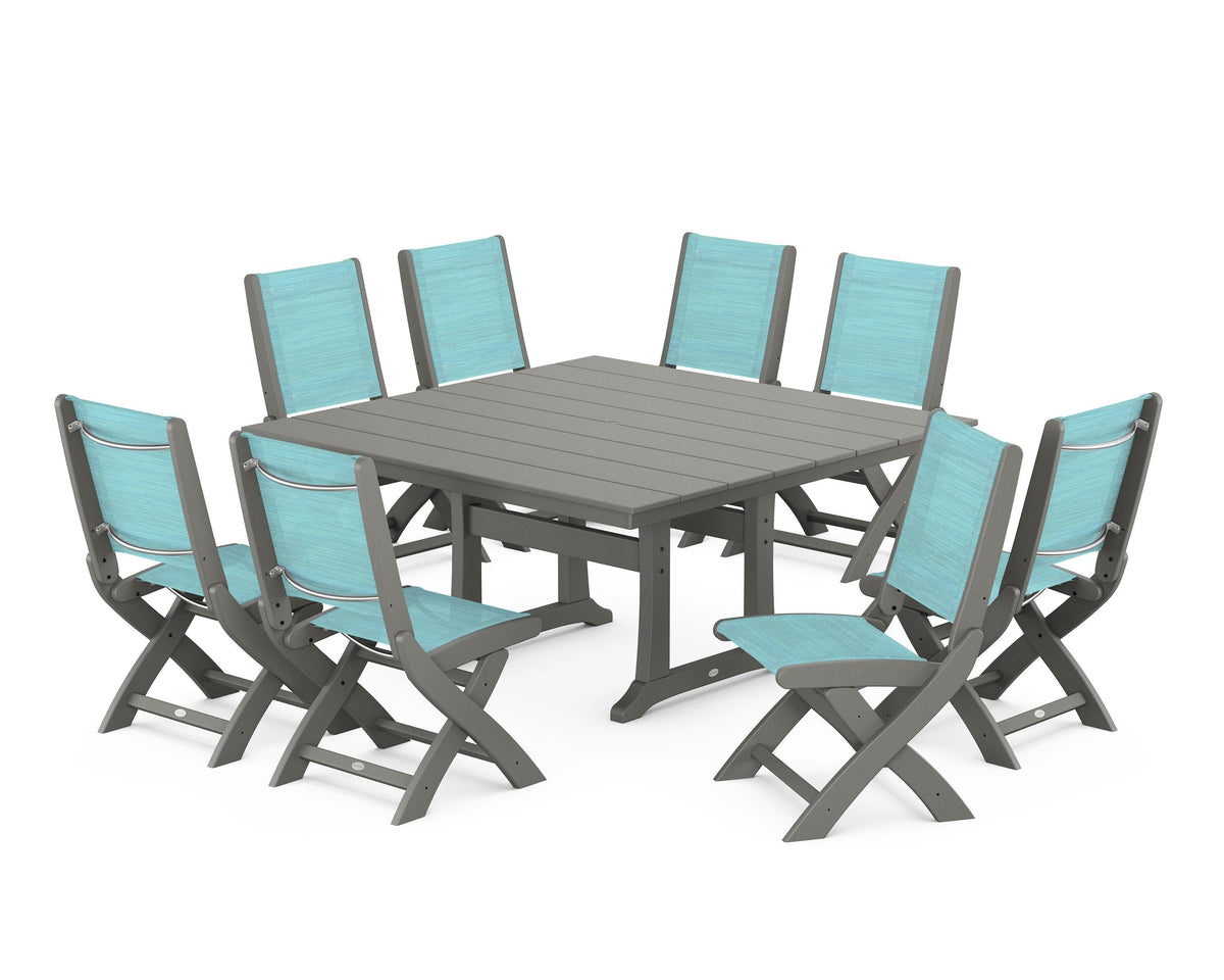 POLYWOOD Coastal Folding Side Chair 9-Piece Farmhouse Dining Set in Slate Grey / Dupioni Aquamarine