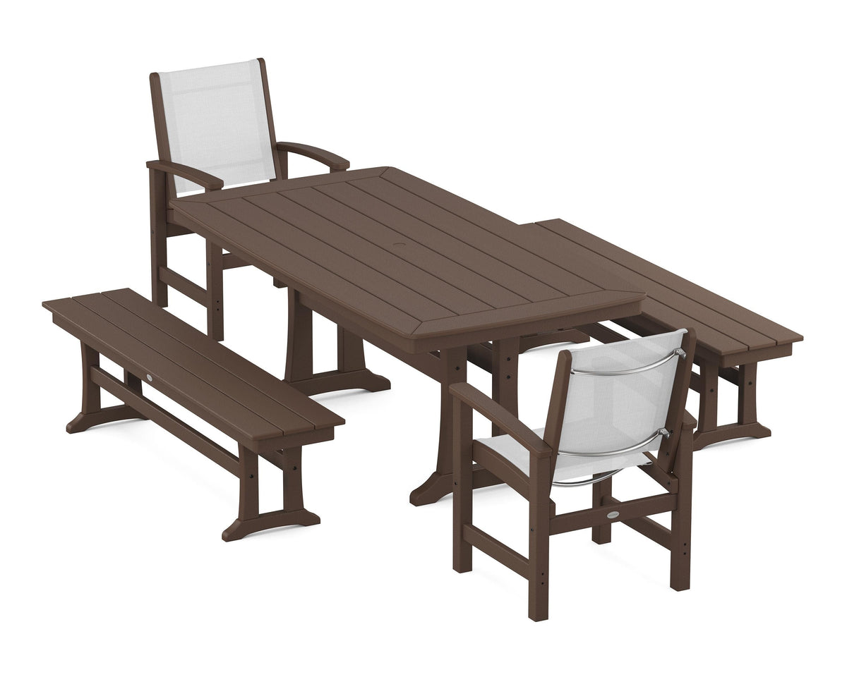 POLYWOOD Coastal 5-Piece Dining Set with Trestle Legs and Benches in Mahogany / White