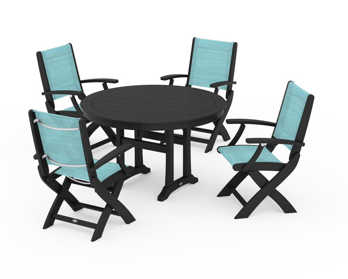 POLYWOOD Coastal Folding Chair 5-Piece Round Dining Set with Trestle Legs in Black / Dupioni Aquamarine