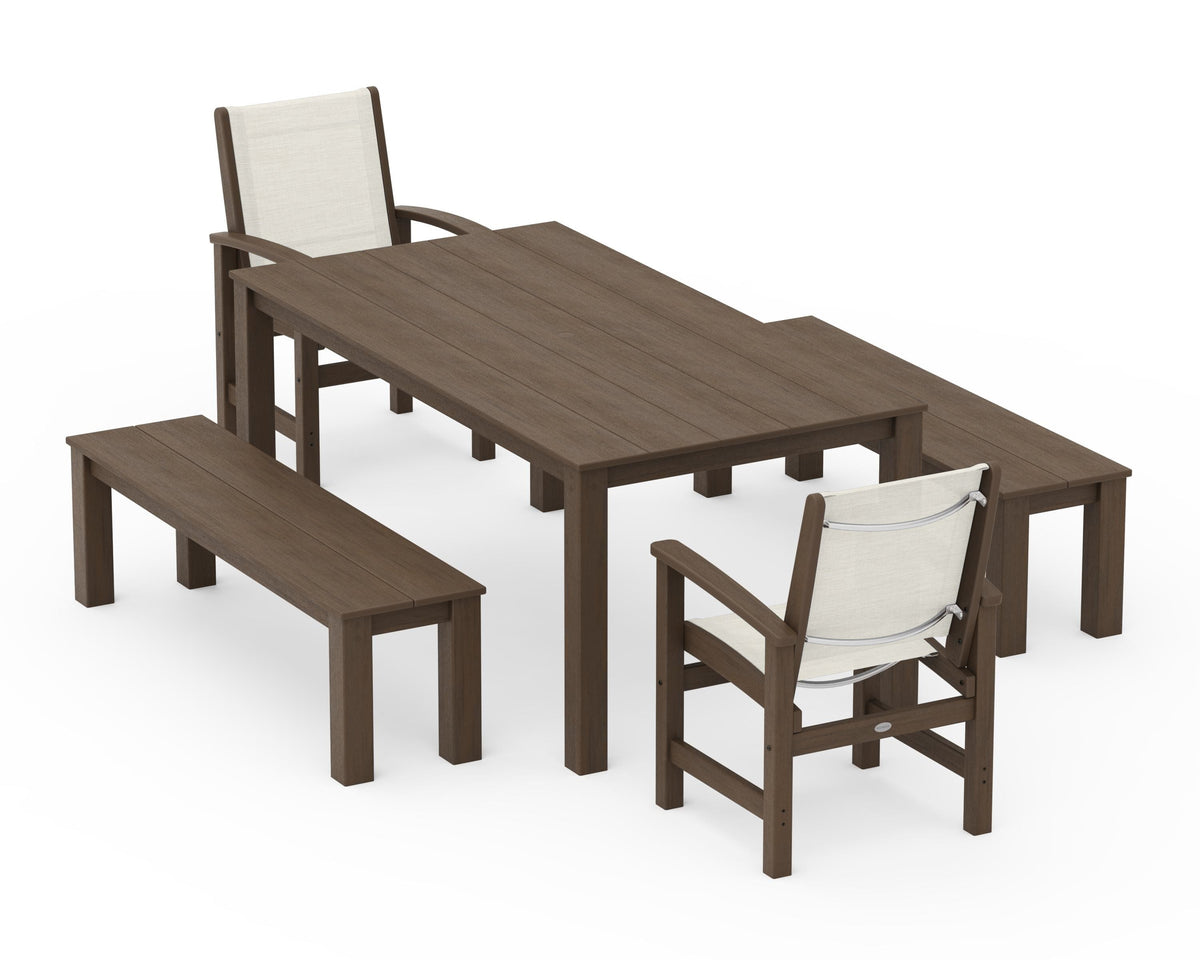 POLYWOOD Coastal 5-Piece Parsons Dining Set with Benches in Kona / Parchment