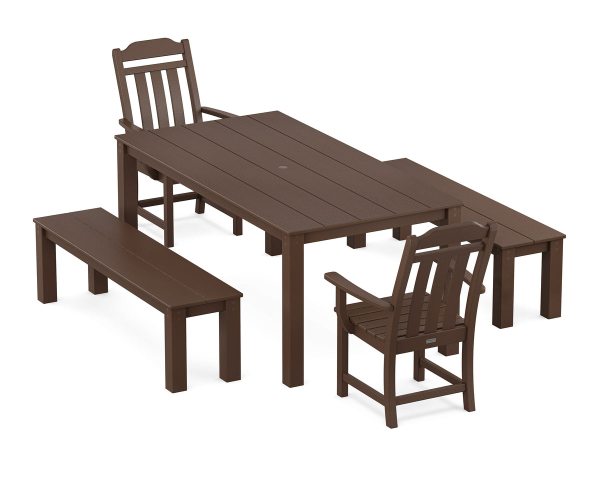 POLYWOOD Cottage 5-Piece Parsons Dining Set with Benches in Mahogany