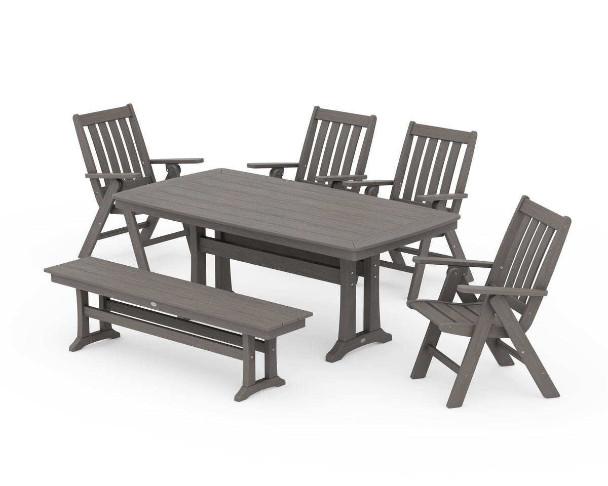 POLYWOOD Vineyard Folding Chair 6-Piece Dining Set with Trestle Legs and Bench in Driftwood