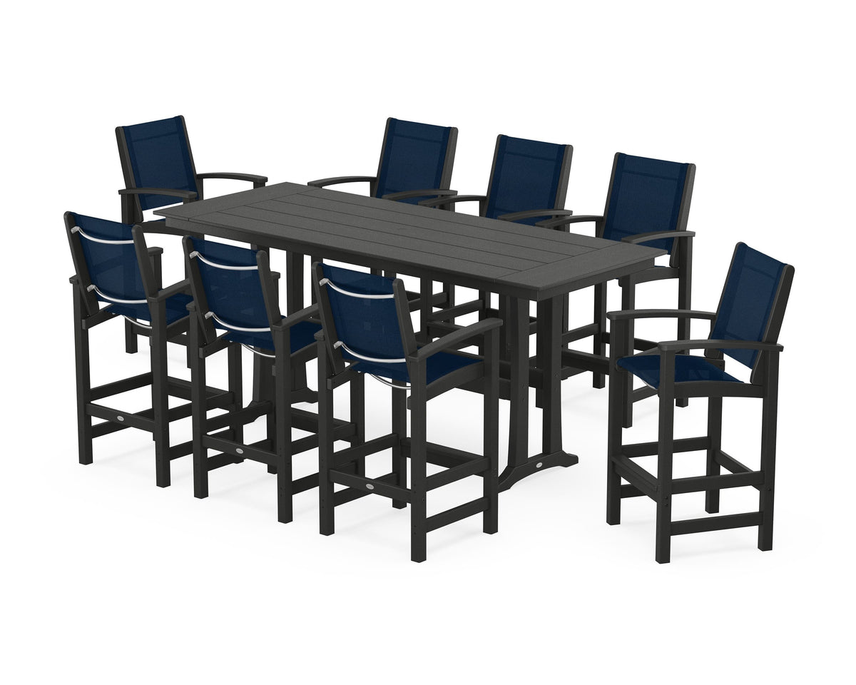 POLYWOOD Coastal 9-Piece Farmhouse Bar Set with Trestle Legs in Black / Navy Blue