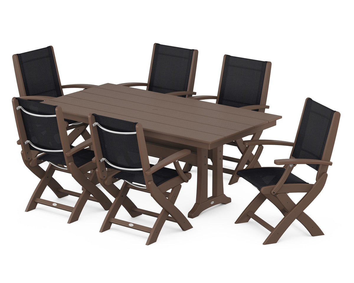 POLYWOOD Coastal Folding Arm Chair 7-Piece Farmhouse Dining Set with Trestle Legs in Mahogany / Black