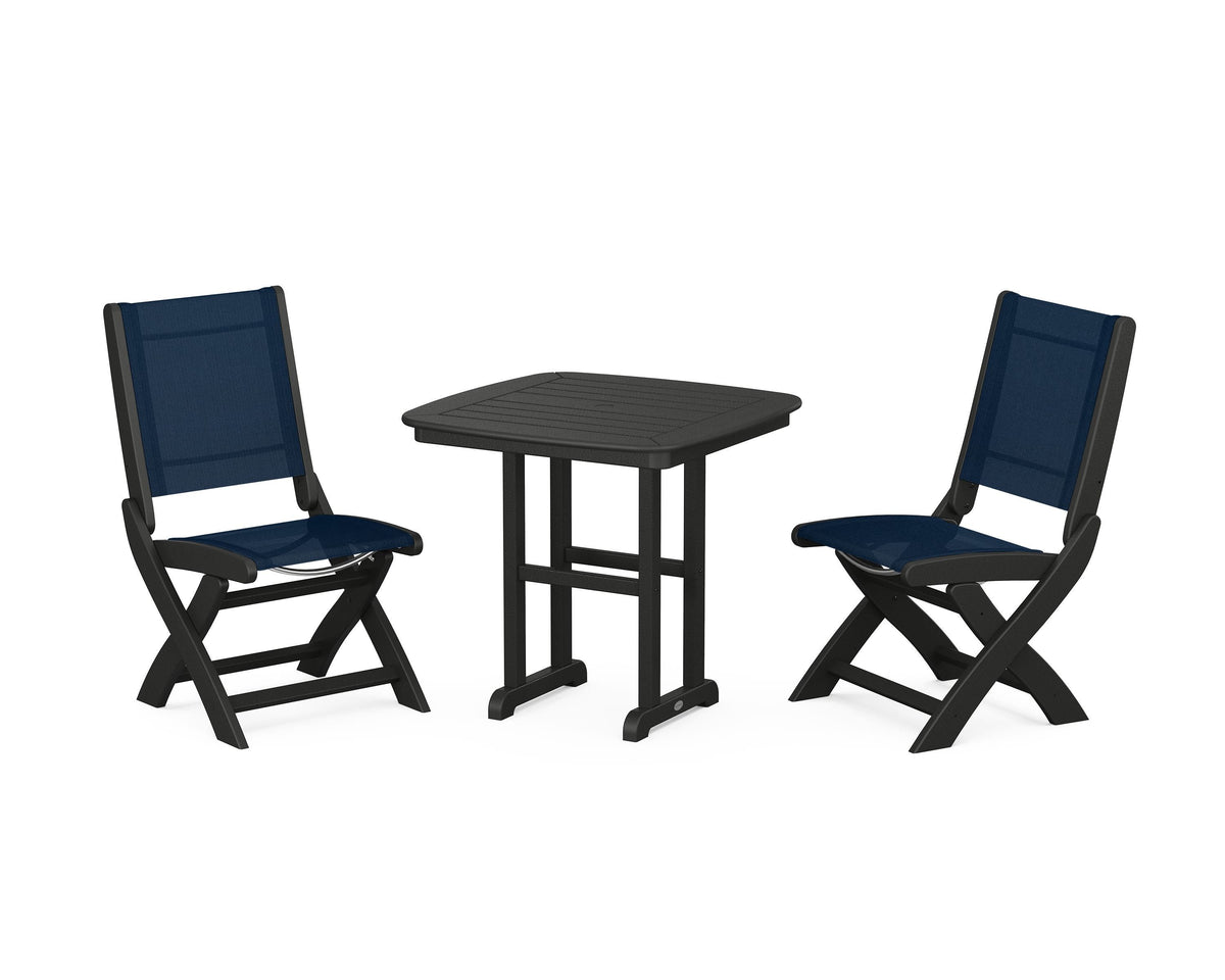 POLYWOOD Coastal Folding Side Chair 3-Piece Dining Set in Black / Navy Blue