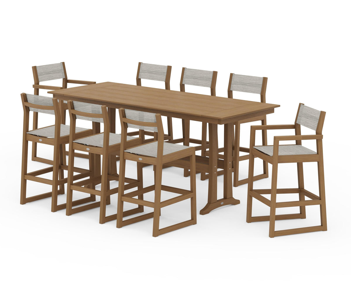 POLYWOOD EDGE Sling 9-Piece Farmhouse Bar Set with Trestle Legs in Natural / Birch